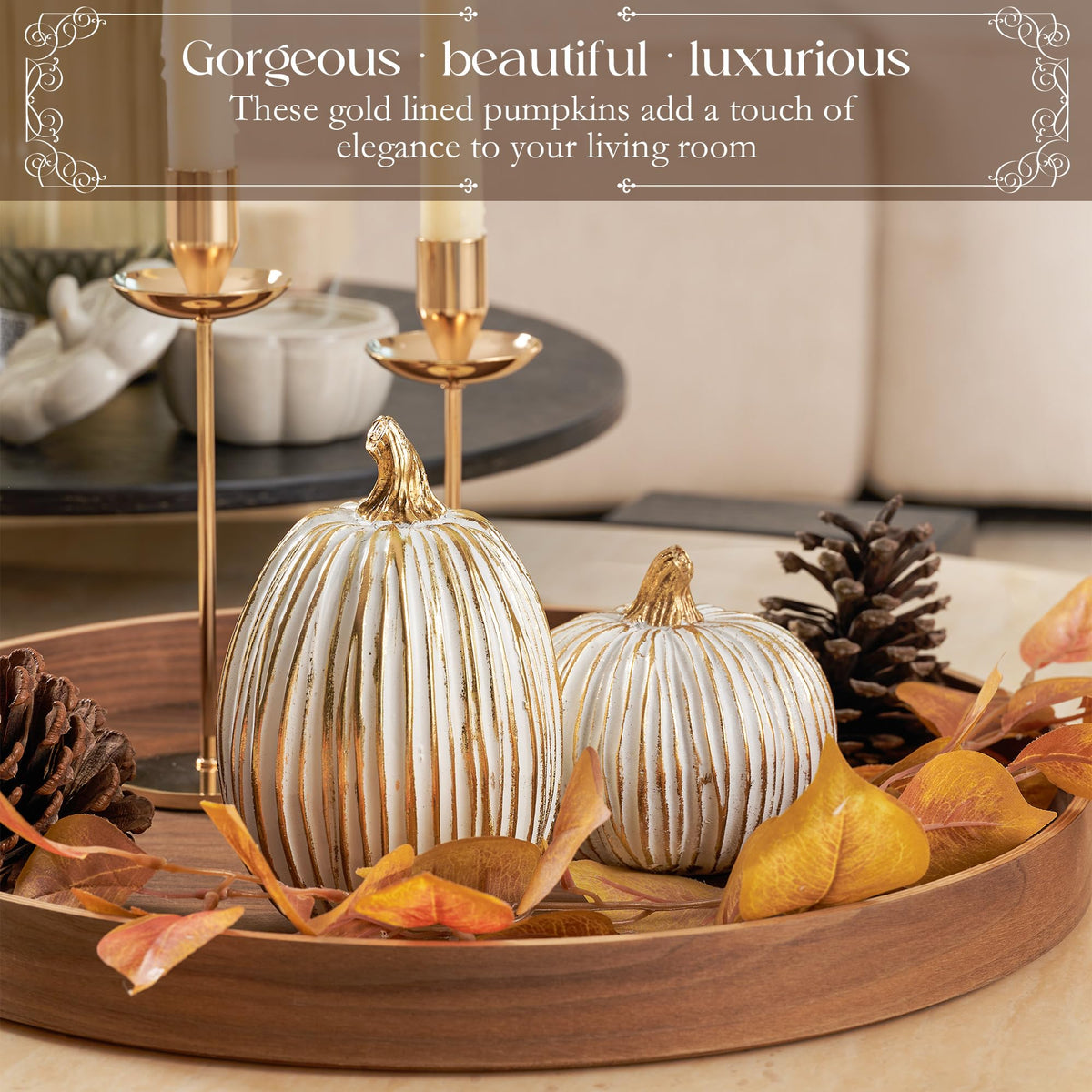 White and Gold Fall Pumpkin Decoration for Table Centerpieces