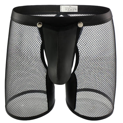 Evankin Men's See Through Sexy Mesh With Faux Leather Loose Shorts Pants Erotic Clubwear Button Removable Pouch(A4-50Hei,S)