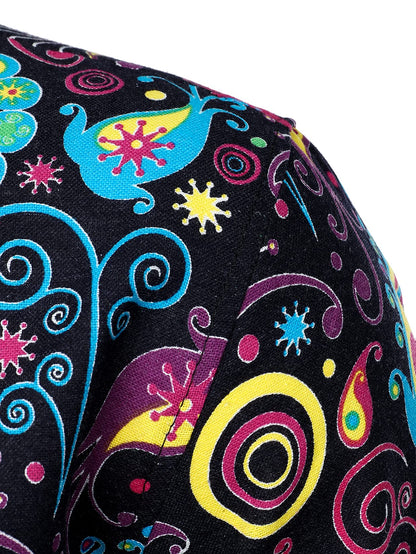 PARKLEES Men's Stylish 70s Paisley Pattern Printed Linen Long Sleeve Button up Shirt Multicolor Large