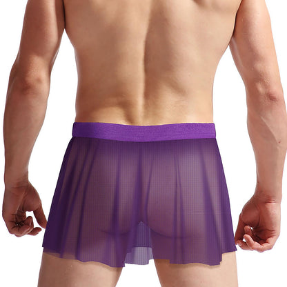 Men’s Mesh Skirt Sexy Sheer Mini Skirt Cross-Dressing Sissy Tulle Lingerie See Through Skirt Nightwear Gay Underwear Purple