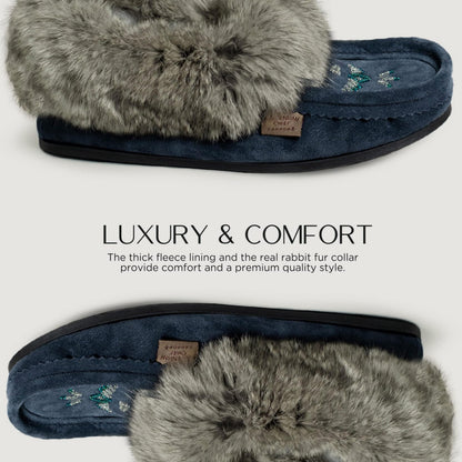 Laurentian Chief Moccasin Slippers for Woman - Orlon Beaded Slippers with Fur Trim and Padded Sole, Canada Quality Womens, Comfortable Stylish Indoor and Outdoor
