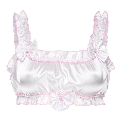 Satini Sissy Frilly Ruffled Fitted Silky Satin Lingerie Bralette (White, S)