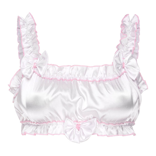 Satini Sissy Frilly Ruffled Fitted Silky Satin Lingerie Bralette (White, S)