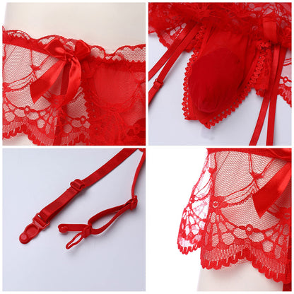 ABAFIP Men Lingerie Frilly Skirted Sissy Thongs Panties Low Waist G-string Garter Belt Crossdressing Underpants Lace Underwear Red One Size