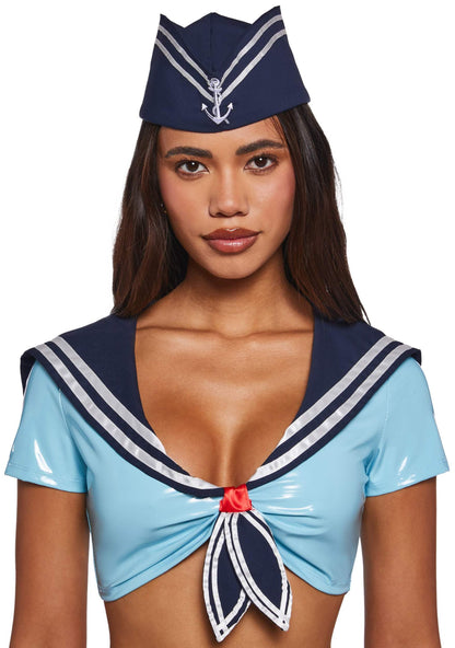 Dolls Kill Alt Sailor Girl Costume by Trickz N’ Treatz – Women’s Vinyl Crop Top, Shorts, Hat & Cuffs Set, Blue, X-Small