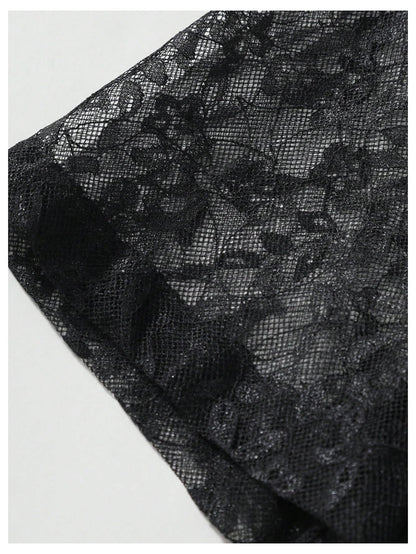 WDIRARA Men's Lace Mesh Button Down Shirts Short Sleeve Collared Party Shirt Summer Tops Black Small