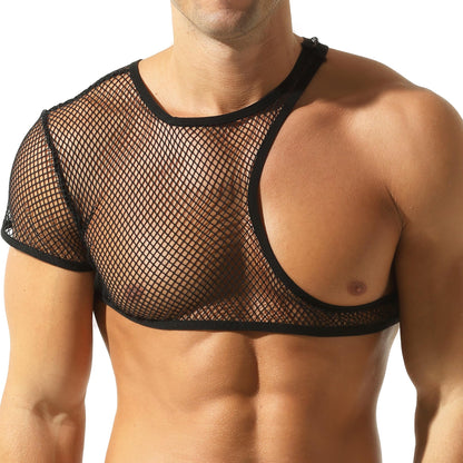 Men's Fishnet Crop Tops Mesh Tank Tops Sheer Undershirt Nightwear