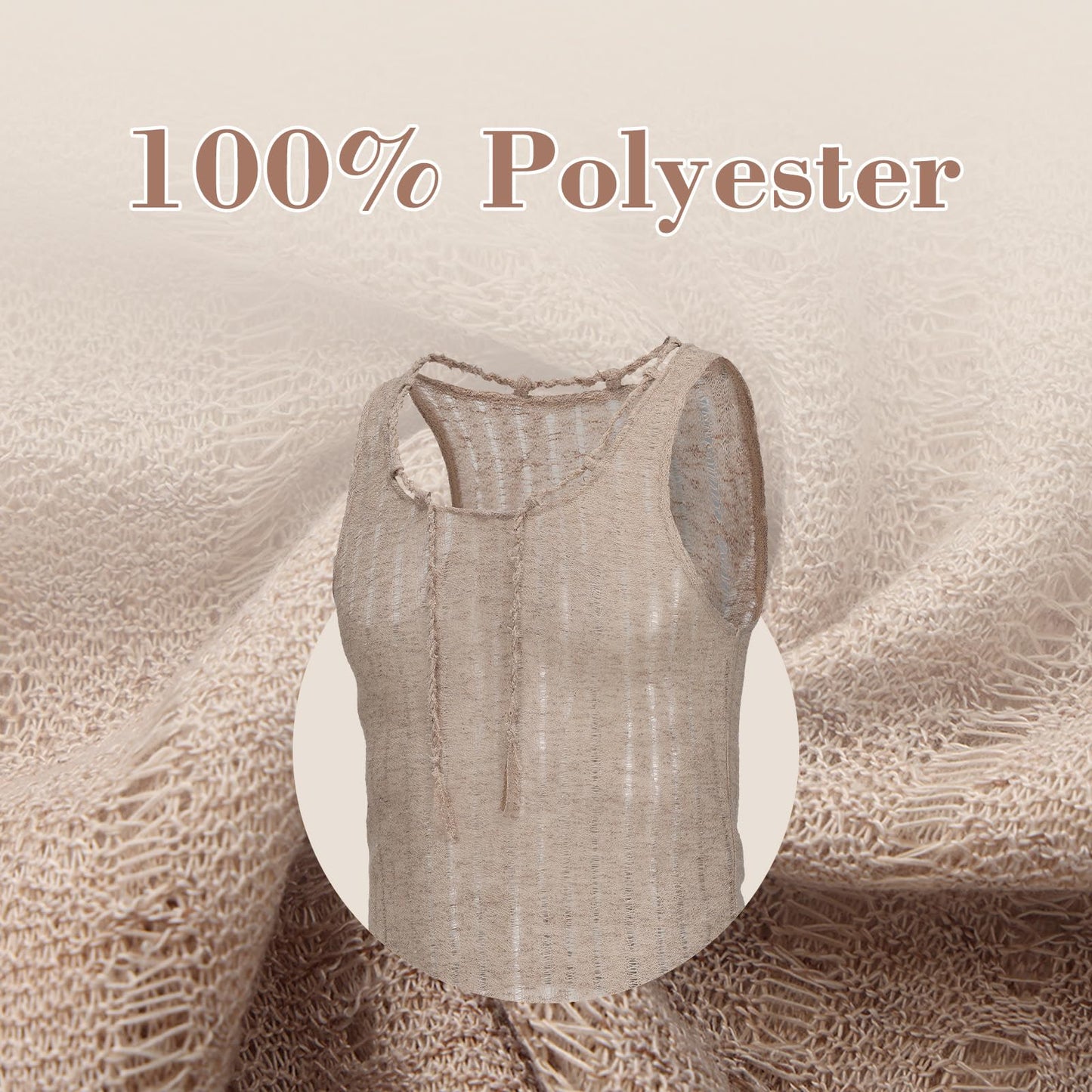 BSZN Men's Sexy Tank Top, Khaki Distressed Mesh Sailor Style Hand Braided Neckline Slim Fit Low Cut Sheer Wasteland Shirt from L-Siren's Elegy Collection