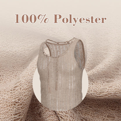 BSZN Men's Sexy Tank Top, Khaki Distressed Mesh Sailor Style Hand Braided Neckline Slim Fit Low Cut Sheer Wasteland Shirt from L-Siren's Elegy Collection