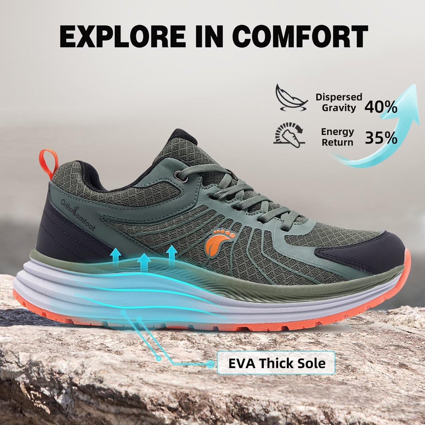 Men's Orthopedic Waterproof Trail Sneakers: Plantar Fasciitis Hammer Toes High Arch Supportive Neuropathy Heel Spur Walking Shoes, Outdoor Stylish Workout Exercise Running Shoes Army Green Size 10