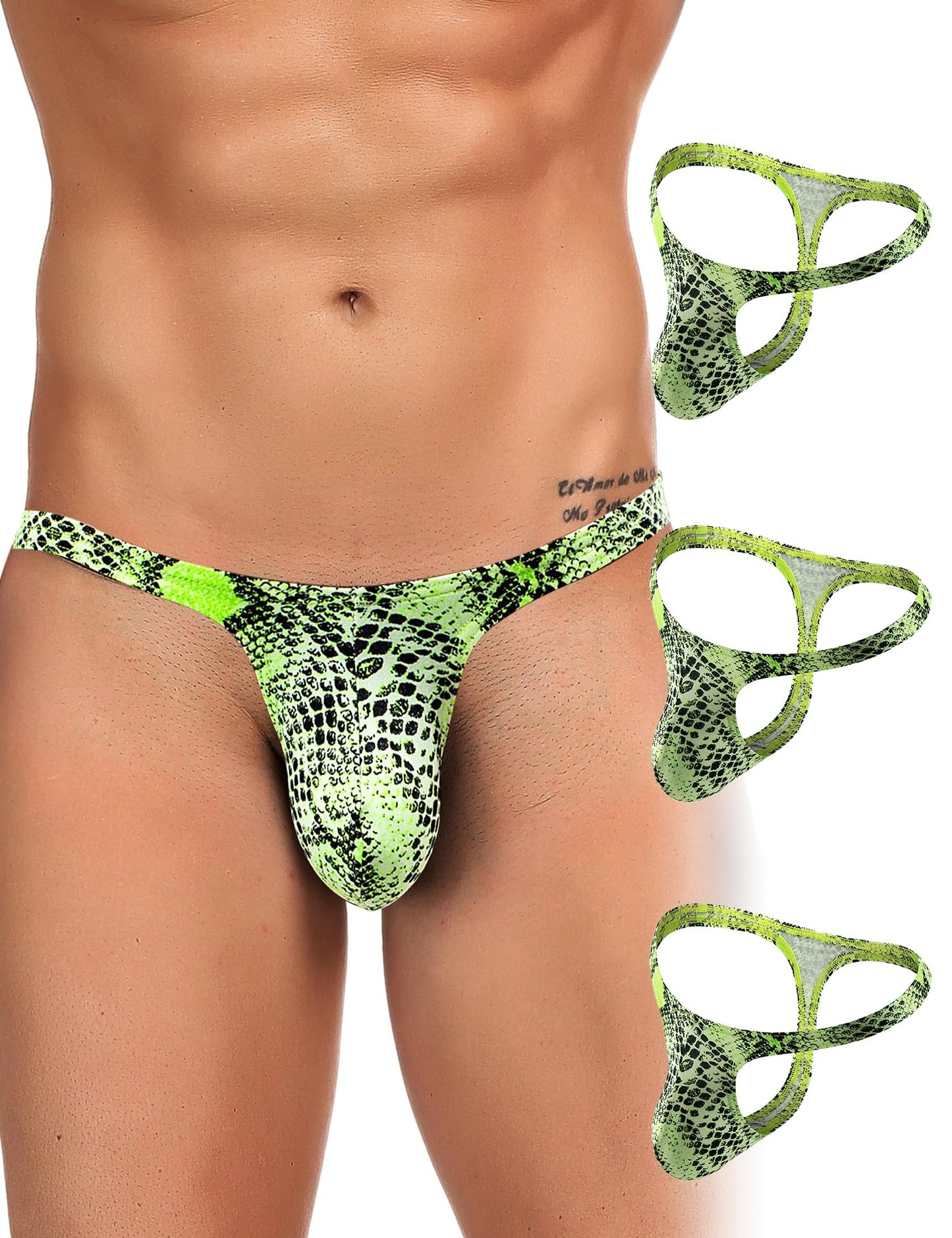 3 Pack Mens G-String Thong Underwear Snake Print - Green S）