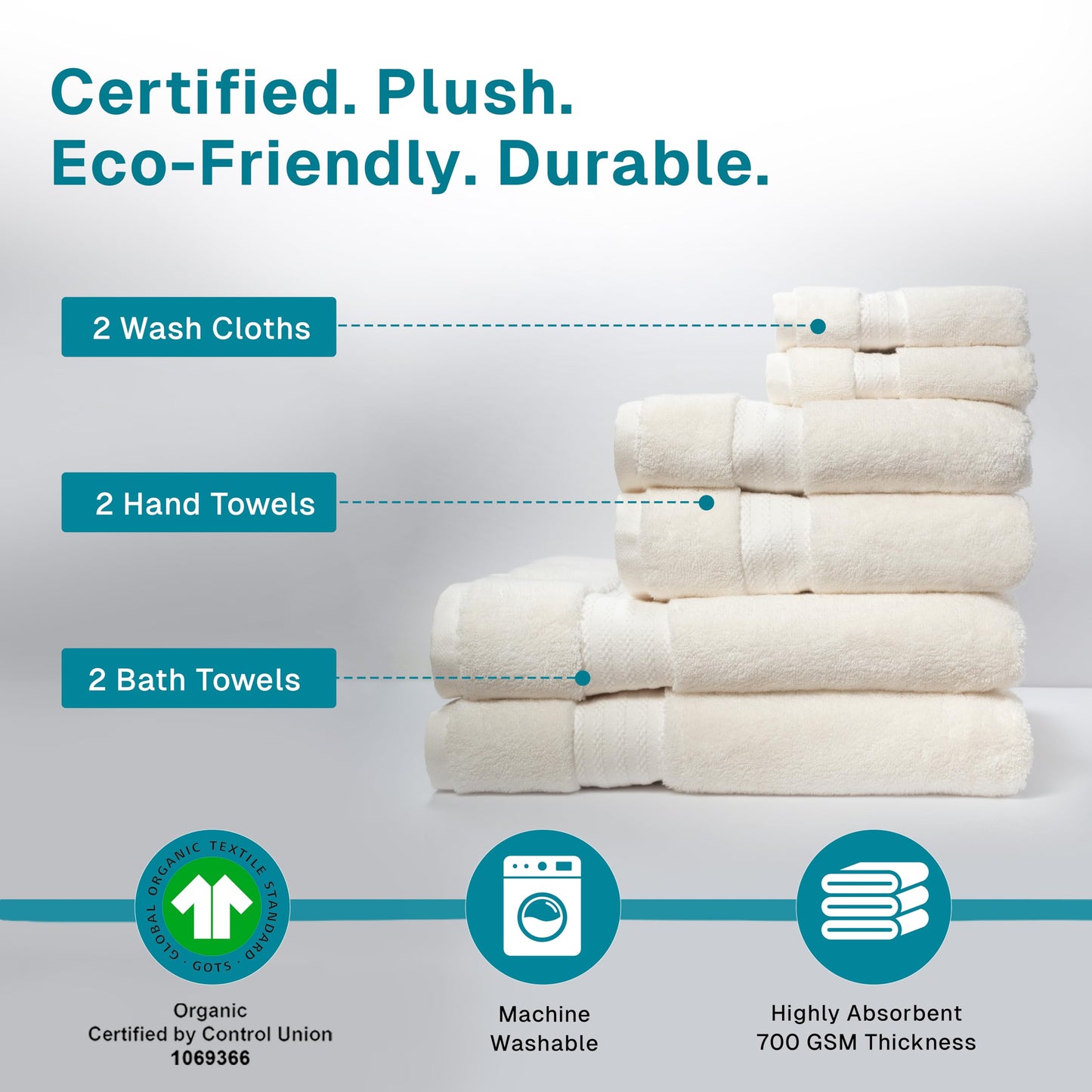 Fabdreams 100% Organic Cotton Bath Towel Set of 6 700 GSM Hotel Premium Plush Absorbent Soft Durable Skin-Friendly Spa Quality Bathroom Comfort with 2 Bath 2 Hand Towels and 2 Wash Cloths Ivory
