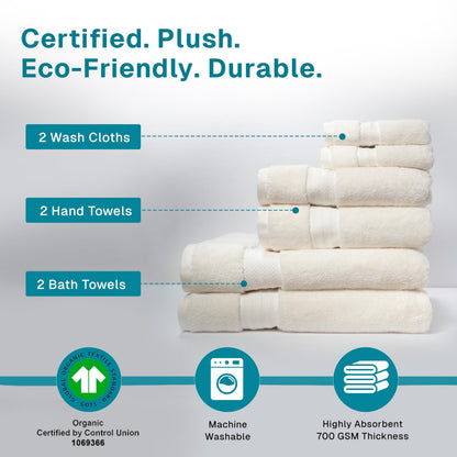 Fabdreams 100% Organic Cotton Bath Towel Set of 6 700 GSM Hotel Premium Plush Absorbent Soft Durable Skin-Friendly Spa Quality Bathroom Comfort with 2 Bath 2 Hand Towels and 2 Wash Cloths Ivory