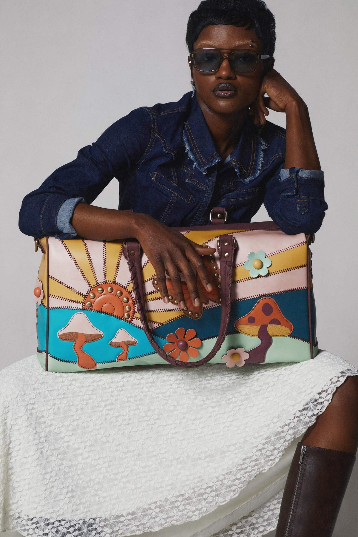 Dolls Kill Walking On Sunshine Weekender Bag by Current Mood – Vegan Leather Duffle with Sunset Mushroom Print & Embroidered Details, One Size