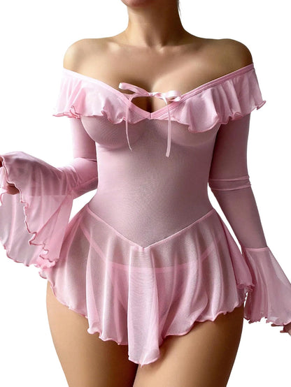 Neohouny Women's Exotic Lingerie Sets Babydoll Lingerie Set Mesh Long Sleeve Tops Music Festival Bridal Outfits Pink S