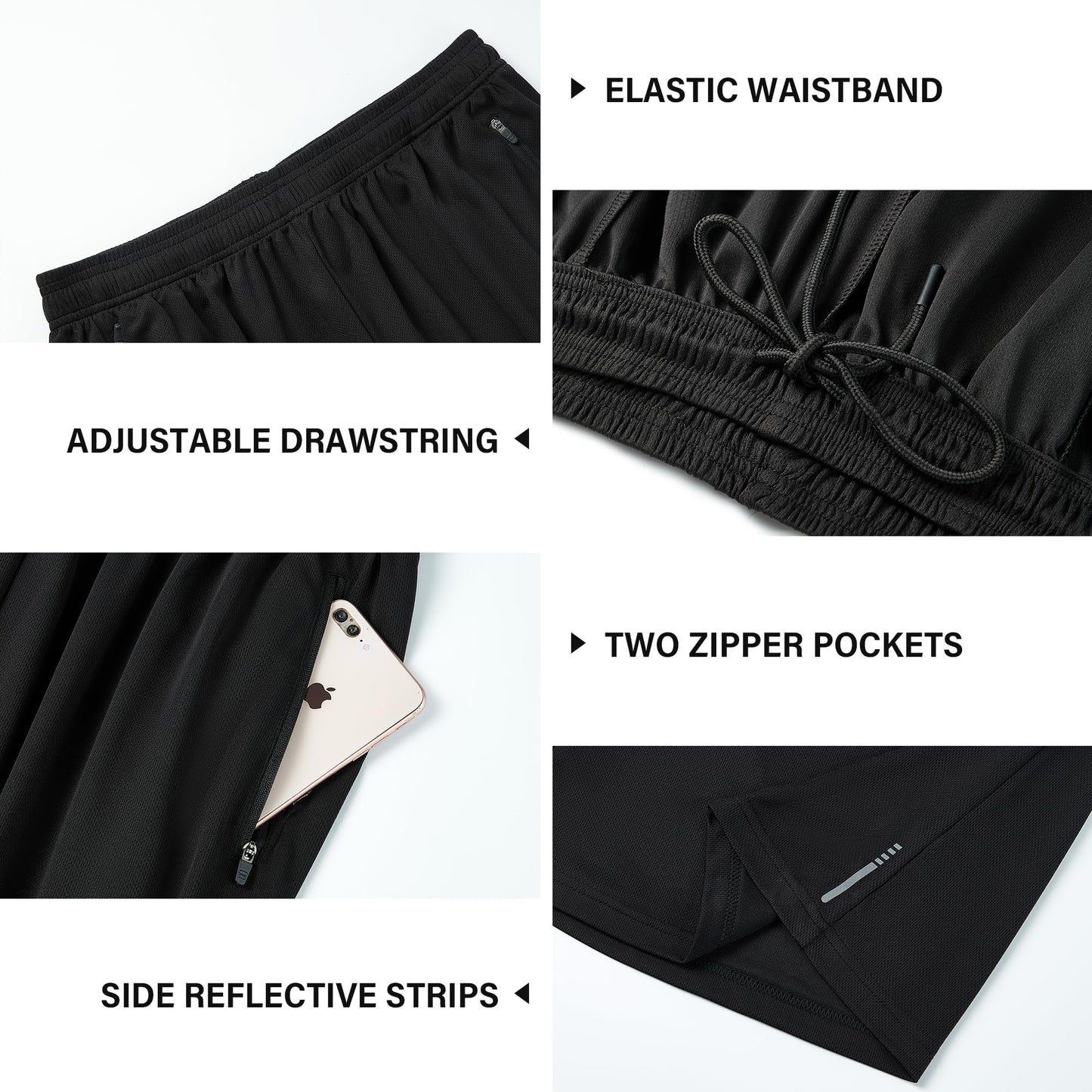 HQUEC Men's Athletic Shorts 12" Long Basketball Workout Shorts Below Knee Loose-Fit with Zipper Pockets Black XL
