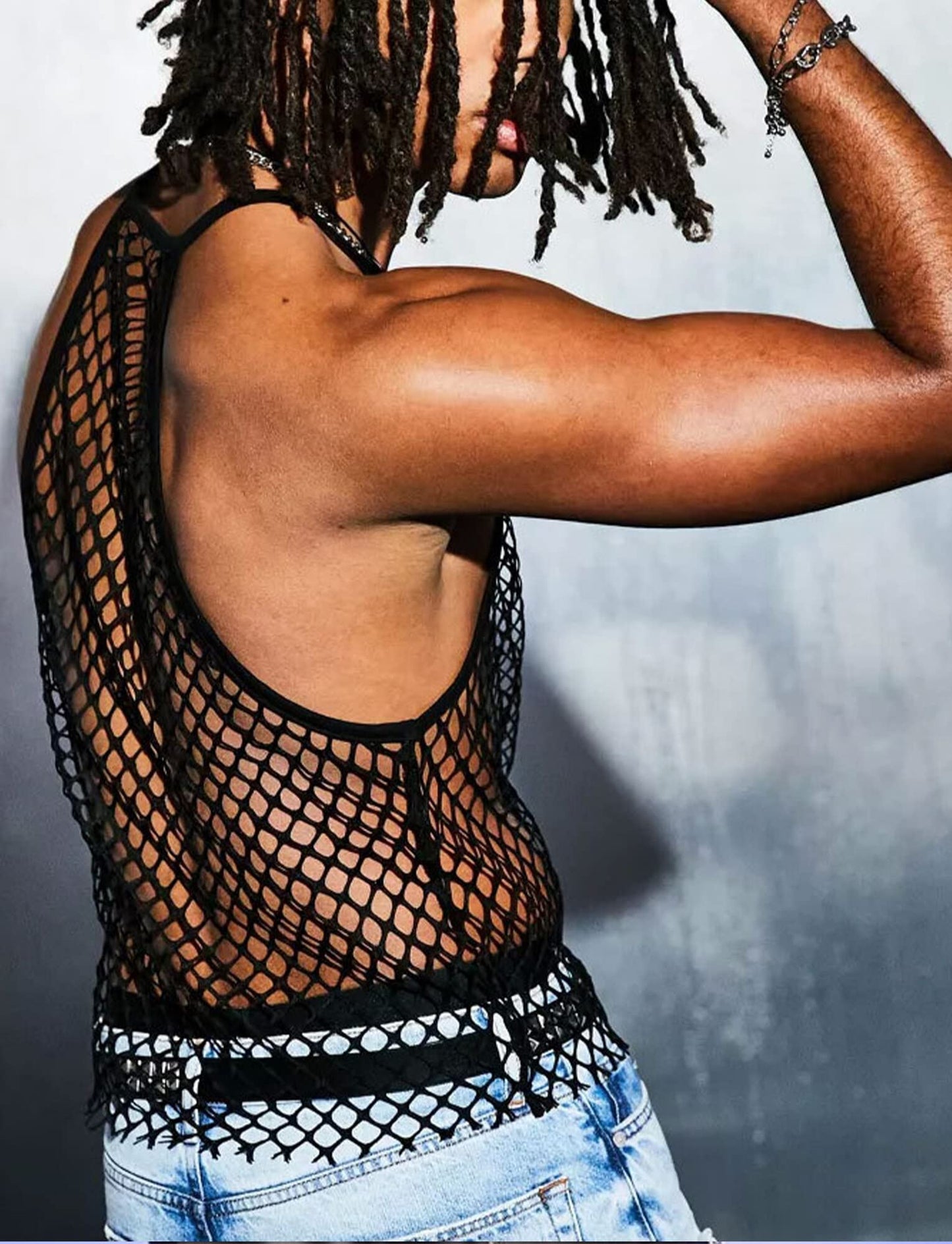 Men's See Through Fishnet Tank Top Sleeveless Racerback Mesh Top Crochet Casual Loose Muscle Shirt Spaghetti Strap Halter Top for Summer 2023 H Black