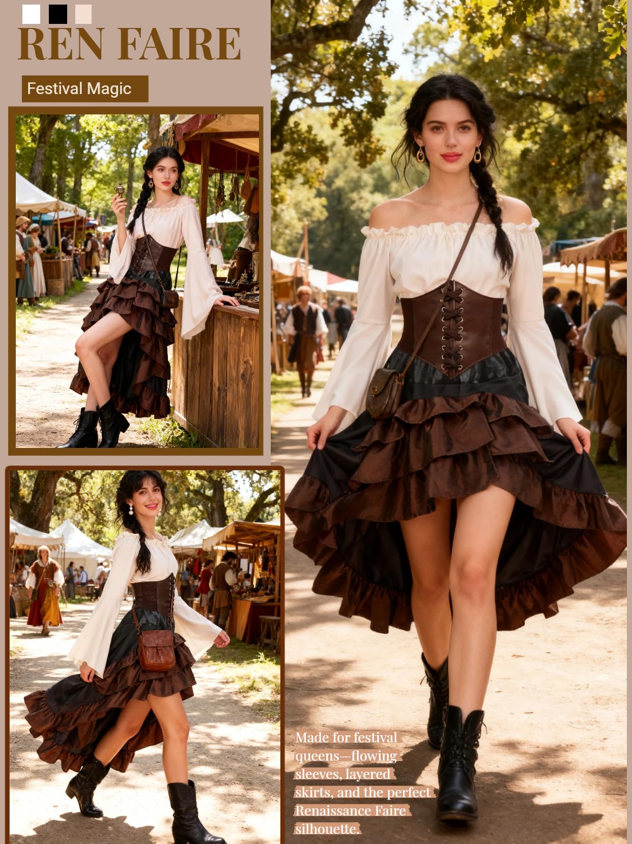 Women's Renaissance Pirate Wench Costume with Corset, Skirt & Blouse
