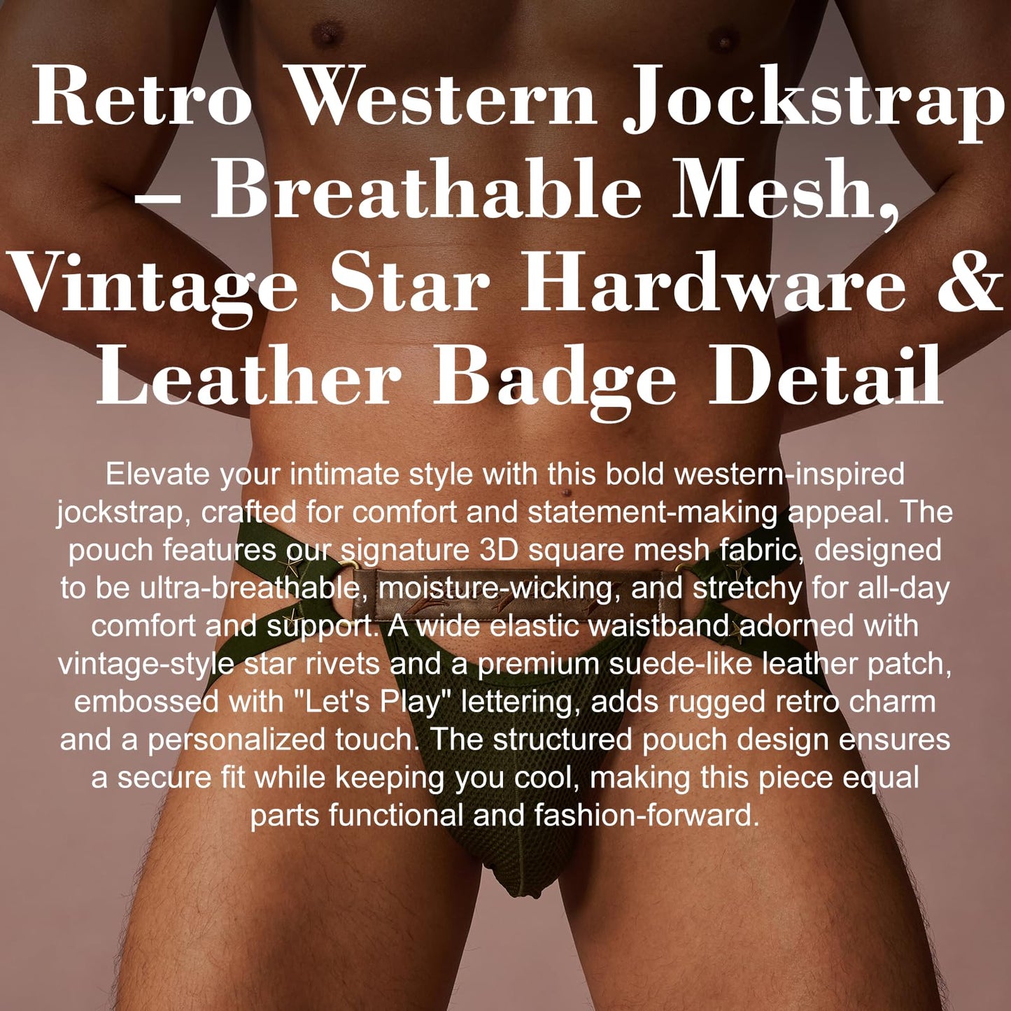 BSZN Men's Sexy Jockstrap, Star Rivet Leather Waistband Mesh Badge Pouch Mid Rise High Stretch Sexy Lingerie from A-Night Authority Collection Military Green