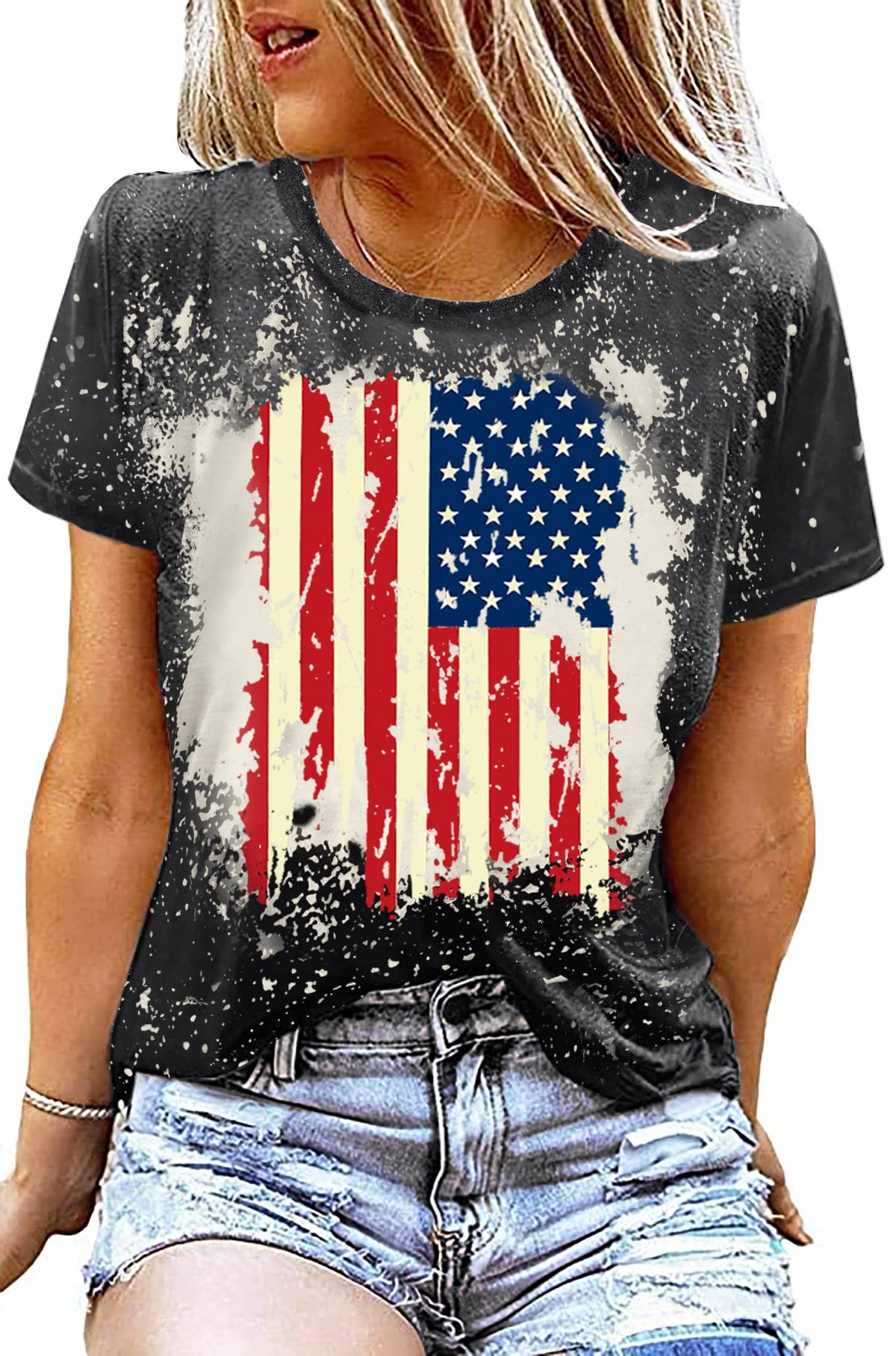 American Flag Shirt Women Patriotic Shirt Vintage USA Flag Bleached T-Shirt Short Sleeve 4th of July Tee Tops (Dark Grey-2, X-Large)