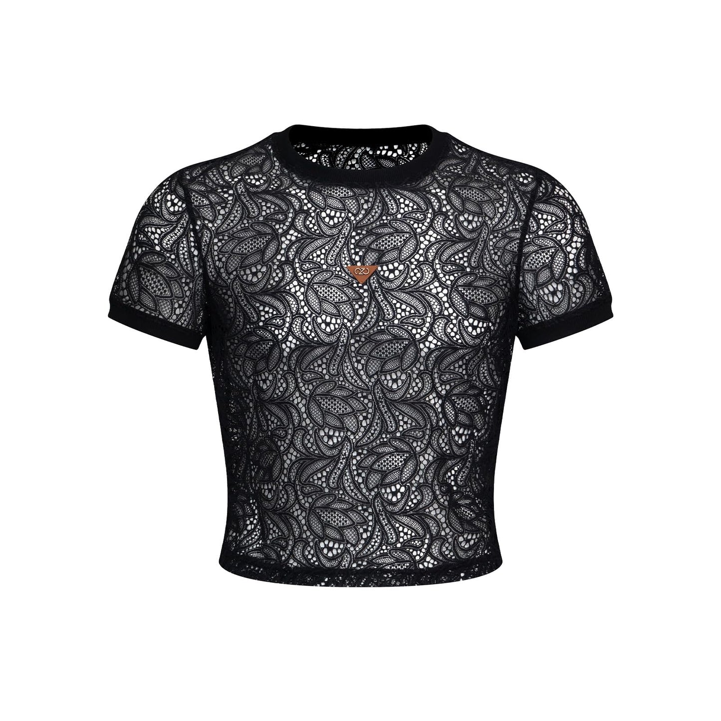 BSZN Men's Sexy T-Shirt, Black Paisley Lace Semi Transparent Crew Neck Short Sleeve Slim Fit Tailored Cut Sexy Clubwear Base Layer