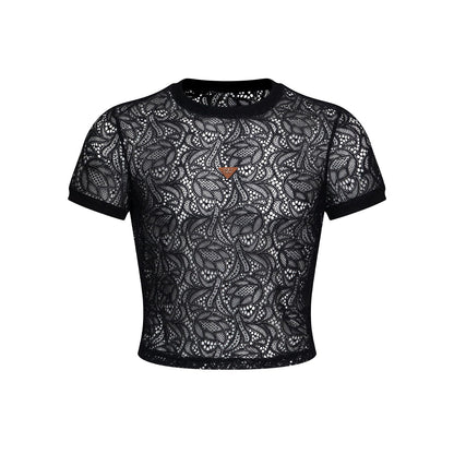 BSZN Men's Sexy T-Shirt, Black Paisley Lace Semi Transparent Crew Neck Short Sleeve Slim Fit Tailored Cut Sexy Clubwear Base Layer