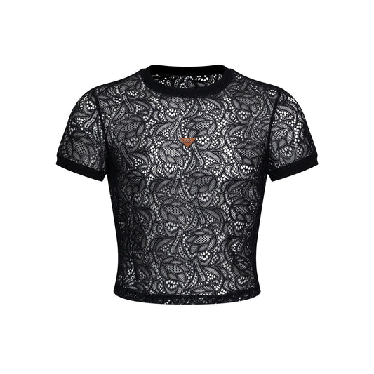 BSZN Men's Sexy T-Shirt, Black Paisley Lace Semi Transparent Crew Neck Short Sleeve Slim Fit Tailored Cut Sexy Clubwear Base Layer