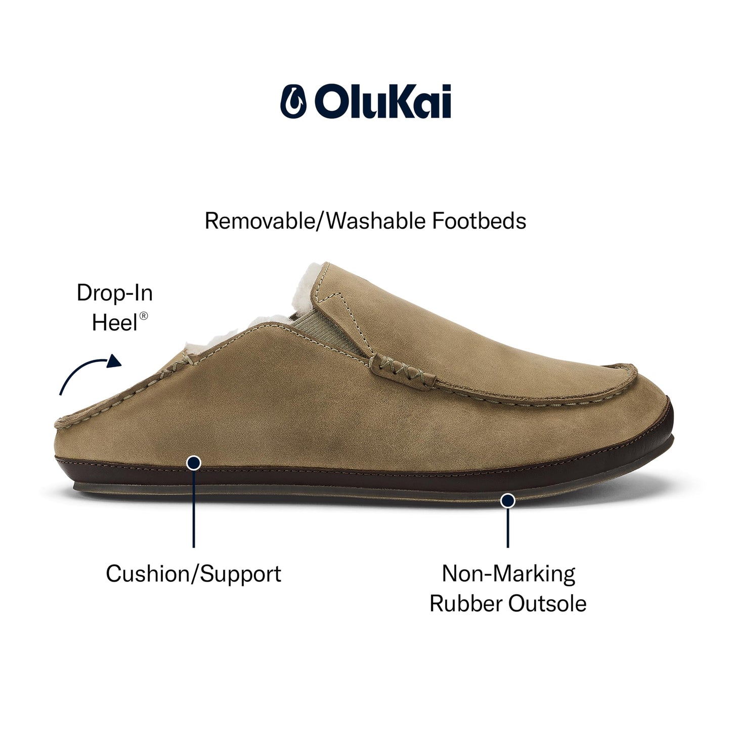 OLUKAI Moloa Slipper, Men's Premium Leather Slip-On Shoes, Soft Genuine Shearling Lining & Gel Insert, Drop-In Heel & All-Day Comfort, Clay/Dk Java, 10