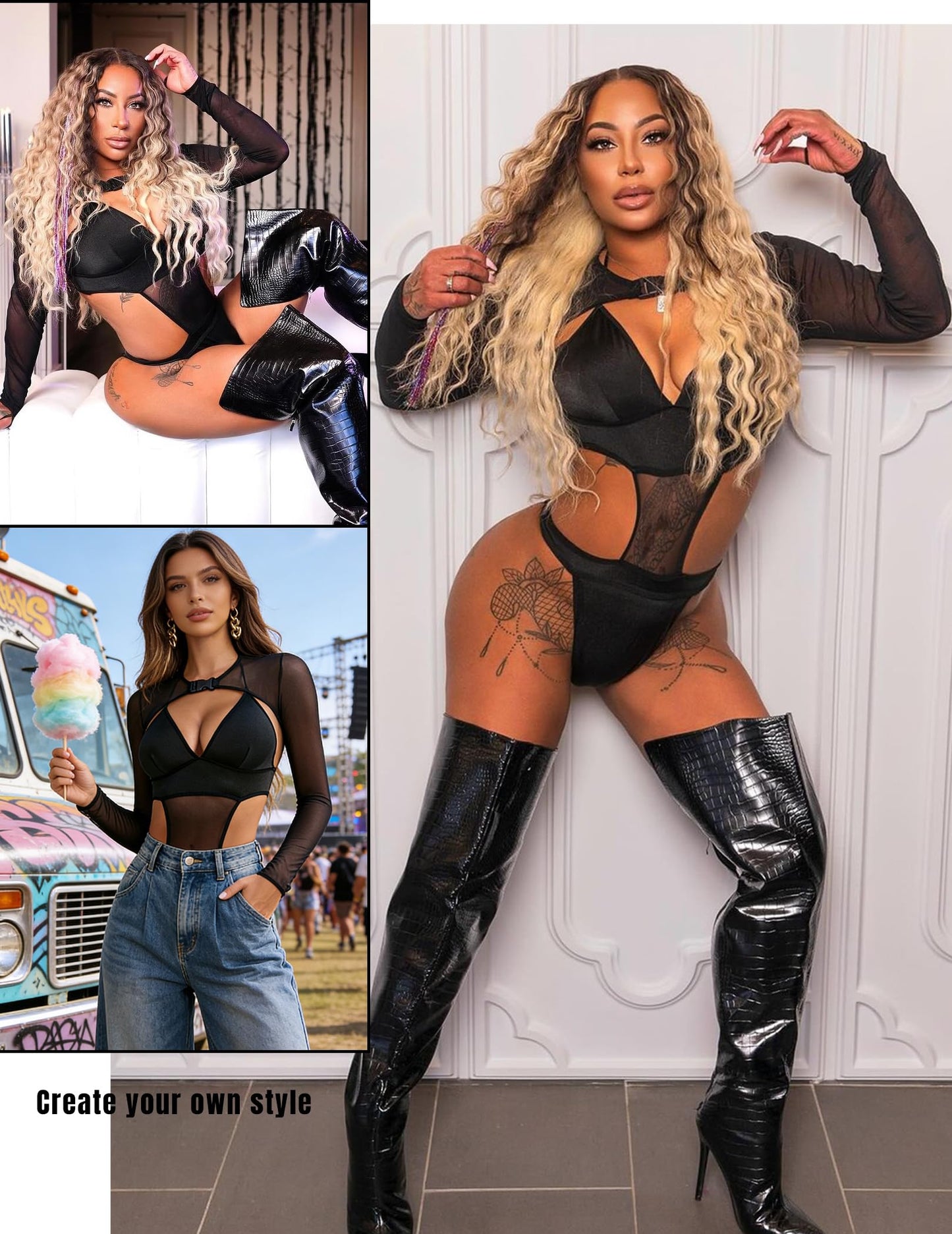 Avidlove Festival Outfits for Women Rave Bodysuit with Mesh Top A-black