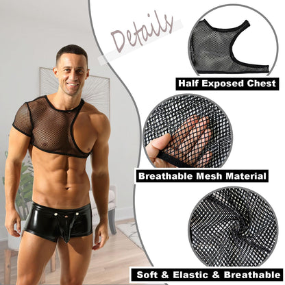 Men's Fishnet Crop Tops Mesh Tank Tops Sheer Undershirt Nightwear