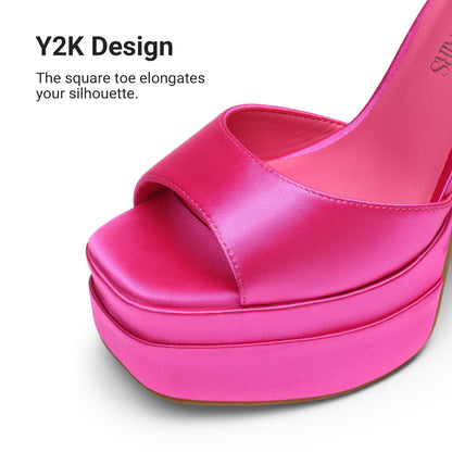 Sissy Platform Chunky Heel Sandals,Hot Pink-Satiin - Feminization- Crossdressing