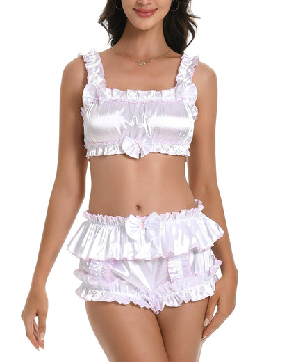 Satini Sissy Frilly Ruffled Fitted Silky Satin Lingerie Bralette (White, S)
