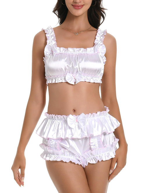 Satini Sissy Frilly Ruffled Fitted Silky Satin Lingerie Bralette (White, S)
