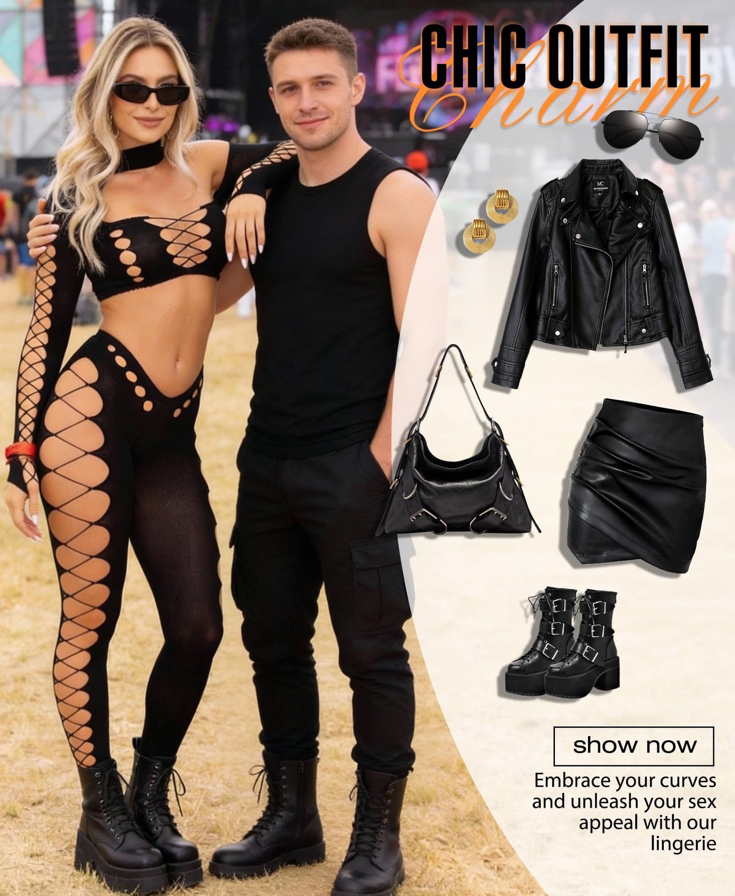 Women Fishnet Bodystocking Sexy - Lingerie Set Cut Out Bodysuit Two Piece Outfits Perfect for Rave & Club Black