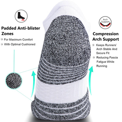 SITOISBE No Show Sports Compression Running Socks for Men Women Circulation 4-pairs, Low Cut Cushioned Socks Moisture Wicking Arch Support for Planter Faciatis Golf Exercise, White, Medium