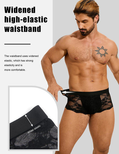 Mens Lace Underwear Low Rise Bulge Pouch Trunks Soft Boxer Briefs See Through Sexy Panties Lingerie for Men Cool Boxers Black S