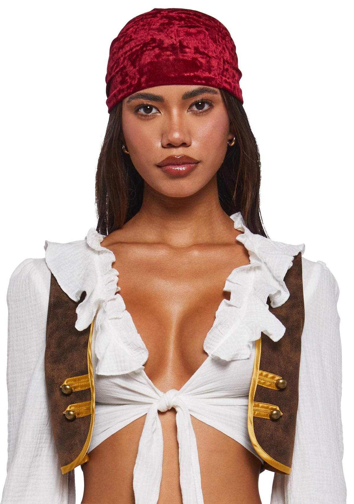 Dolls Kill Pirate Costume by Trickz N’ Treatz – Women’s Ruffled Crop Top with Vest, Striped Bloomers, Belt, Cuffs & Headscarf, X-Small