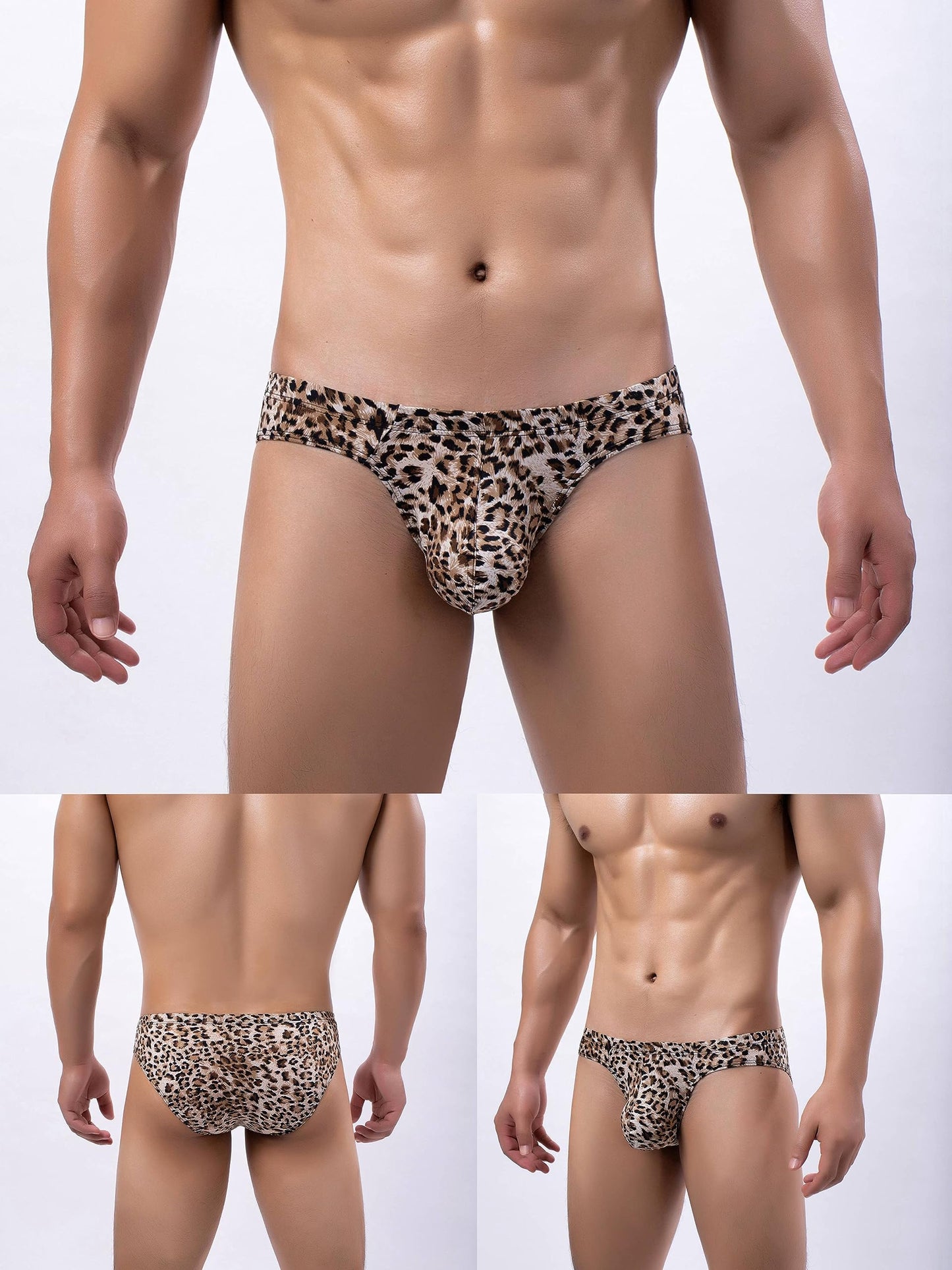 3Pack Men's Ice Silk Low Rise Leopard Bikini Briefs Underwear Black Leopard Golden XL