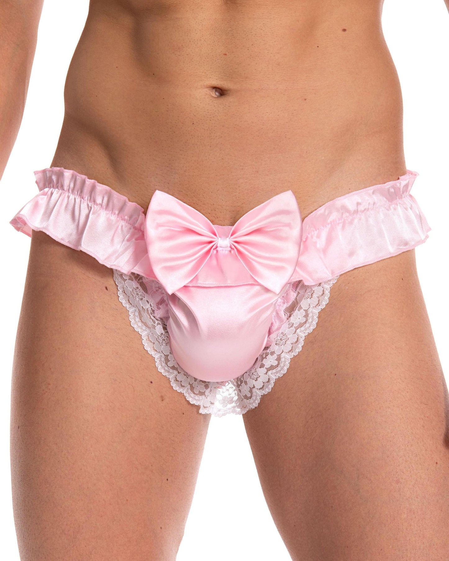 Satini Men's Satin Ruffle Bow Thong Sissy Knickers Briefs Jockstrap Panties (Baby Pink, M)