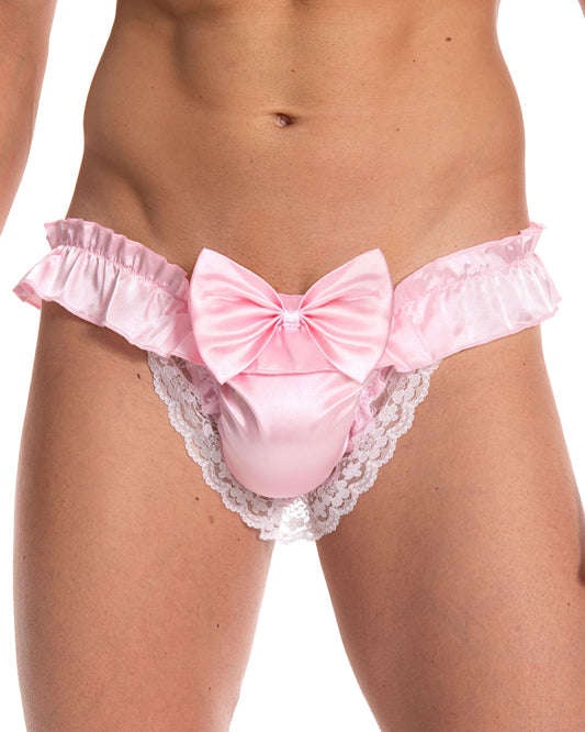Satini Men's Satin Ruffle Bow Thong Sissy Knickers Briefs Jockstrap Panties (Baby Pink, M)