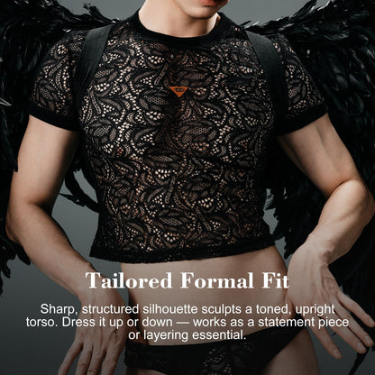 BSZN Men's Sexy T-Shirt, Black Paisley Lace Semi Transparent Crew Neck Short Sleeve Slim Fit Tailored Cut Sexy Clubwear Base Layer