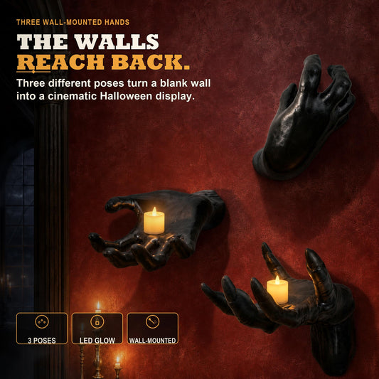 [3 Pack] Life-Sized Creepy Reaching Hands with Lighted Candles, Wall Mounted Scary Halloween Decorations Indoor, Mysterious Gothic Dark Academia Decor Horror Hands for Display Jewelry, Key