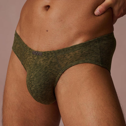 BSZN Men's Mottled Briefs, Green Mesh Underwear, Ruched Back Waistband Mid Rise Tight Fit, Midnight Visitor Collection with Custom Metal Tag