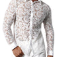 JOGAL Men's See Through Flower Lace Sheer Blouse Long Sleeve Button Down Shirts White XX-Large