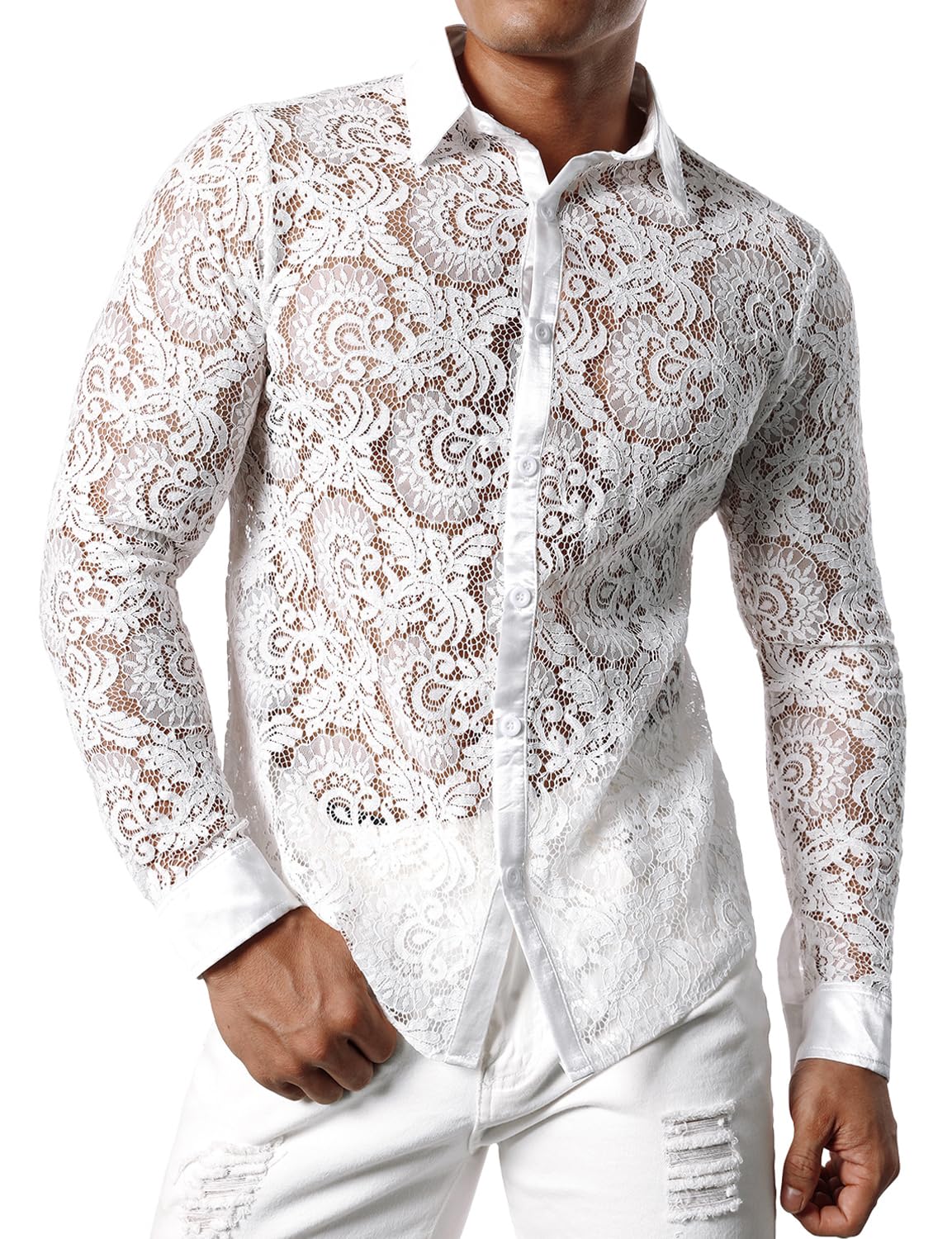 JOGAL Men's See Through Flower Lace Sheer Blouse Long Sleeve Button Down Shirts White XX-Large