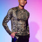 WDIRARA Men's Leopard Animal Print Mock Neck Long Sleeve Fitted Party Club Top Shirt Black and Brown L