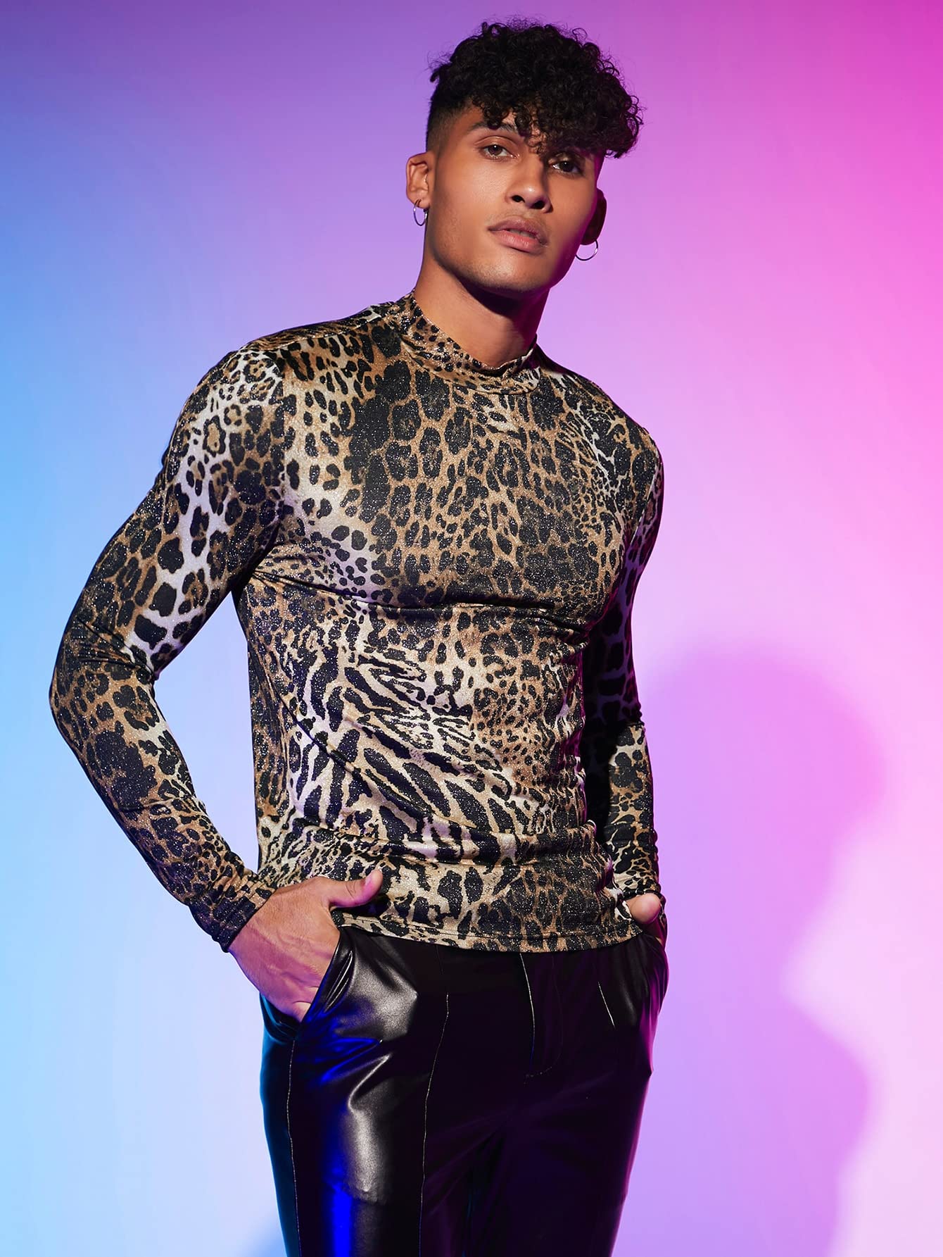 WDIRARA Men's Leopard Animal Print Mock Neck Long Sleeve Fitted Party Club Top Shirt Black and Brown L