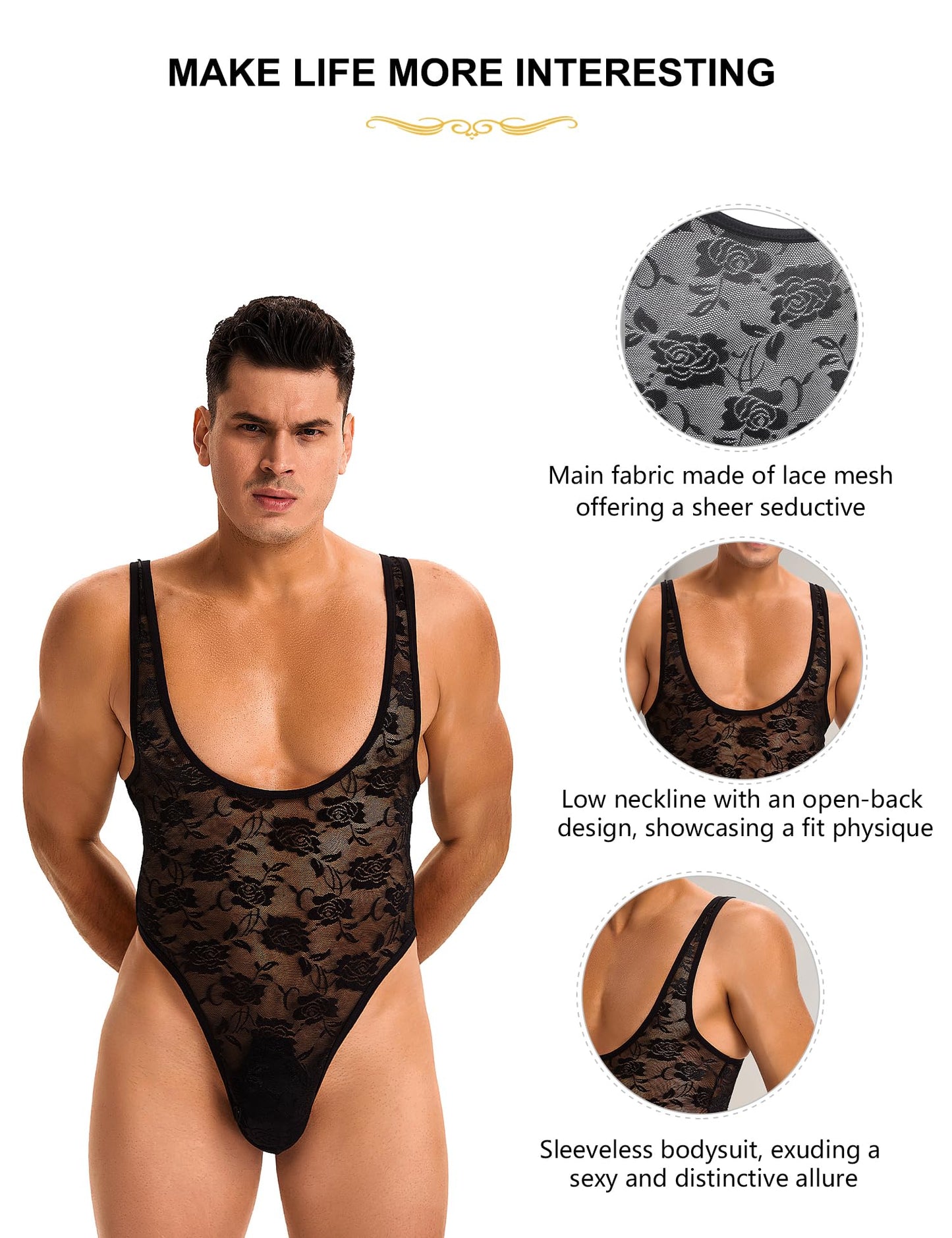 ohyeahlady Mens Lace One Piece Bodysuit Sheer Breathable Lingerie Sleepwear for Men Comfy Pouch Touch Sexy Jumpsuits Black L
