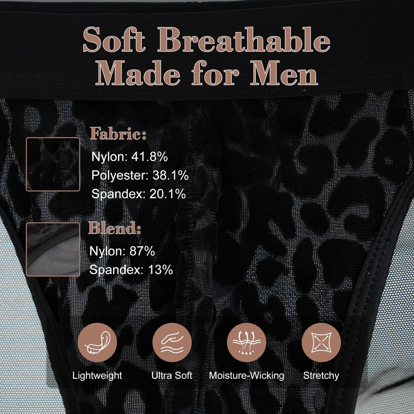 BSZN Men's Leopard Print Briefs, Black Velvet Flocked Mesh Underwear, Low Rise Slim Fit Sheer Briefs from Caged Beast Collection