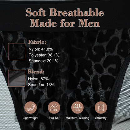 BSZN Men's Leopard Print Briefs, Black Velvet Flocked Mesh Underwear, Low Rise Slim Fit Sheer Briefs from Caged Beast Collection